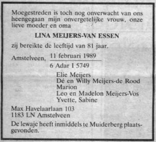 Lina van Essen overleden