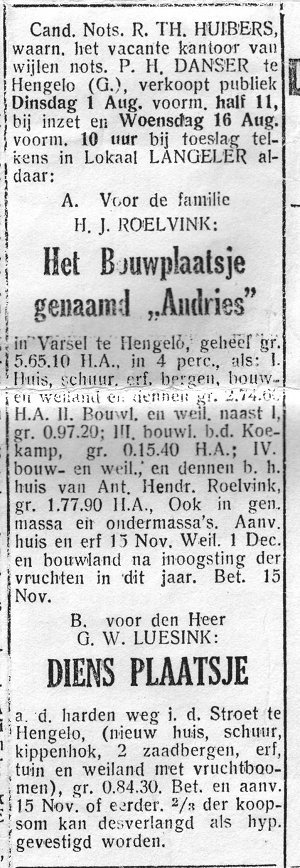 Hazenhutweg 4 1933 verkoop  Andries  ook Hietbrink in Varssel en plaatsje van G.W.Luesink