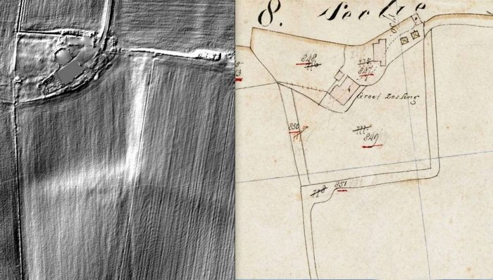 K14a Het bosperceel H 851 was in 1931 van de  kaart verdwenen. Bron. AHN hoogtekaart Nederland (ca. 2017) naast Kadastrale kaart uit 1832. 